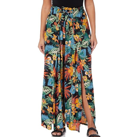Angie Women’s Lightweight Wide Leg Floral Boho Pull On Large Slit Tropical - Picture 1 of 9